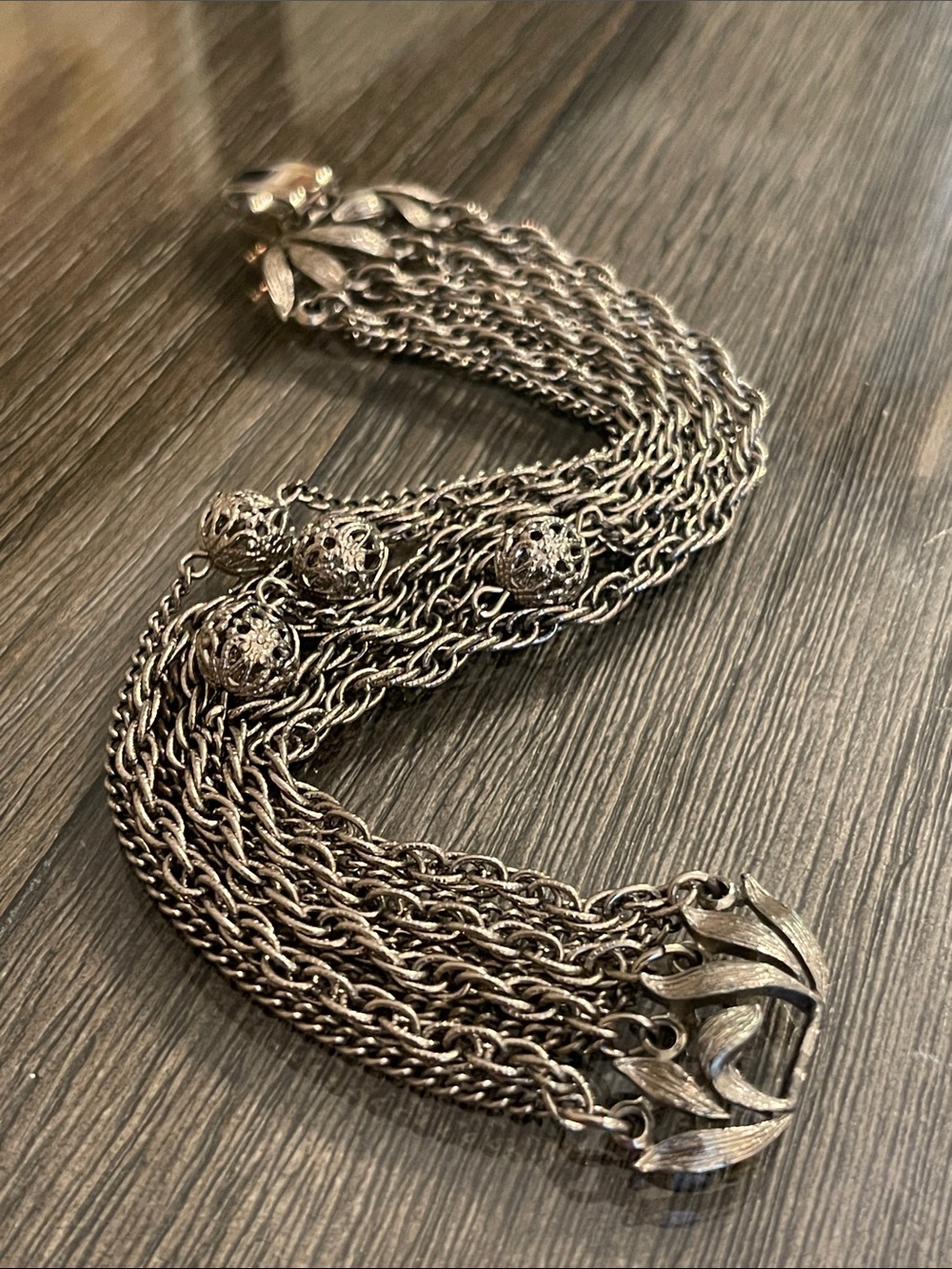 Lisner Antique Silver-tone Chain Bracelet 8 Strands Filigree Beads Leaf Clasp